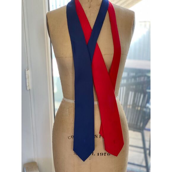 2 VTG Yves Saint Laurent NY Paris Solid Red Blue Slub Fabric Necktie Made in USA - Picture 1 of 13